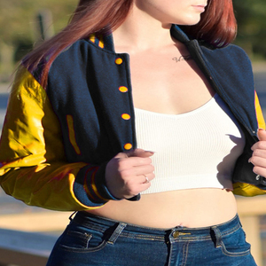 Veste courte universitaire pour femme, style Letterman, noir et jaune, avec manches en similicuir, vêtement d'extérieur décontracté, mode féminine - Product Image 2
