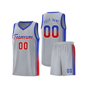 Ensemble de maillots de basket personnalisés gris, bleu, rouge dégradé, col en V, sans manches, en mesh respirant, unisexe, adulte, nom d'équipe 00, impression sublimée - Product Image 1