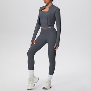 Women's 3-Piece Active Wear Gym Set Quick-Drying Sports Bra <b>Jacket</b> Leggings for Ladies' Workout <b>Yoga</b> Solid Elastic Waist - Product Image 5