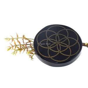 2024 artisanat en pierre semi-précieuse Yantra gravé sous-verre sur agate noire sculpté support de café de Style amour pour la décoration intérieure grossiste - Product Image 6