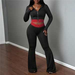 Women 2 Piece <b>Set</b> Short Sleeve Zipper Short Top Flared Pants Solid Color Knitted Sportswear <b>Sexy</b> Club Wear Quick Dry All Seasons - Product Image 2
