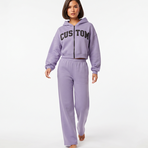 Women Cropped <b>Zip</b> Hoodie Sweatpants Set Custom Puff Printing Oversized Two Piece Tracksuit Casual Streetwear Manufacturer - Product Image 4