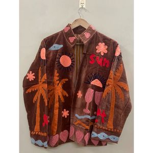 Veste en velours de coton Suzani brodée à la main, écologique, respirante, séchage rapide, automne/hiver, pour femme, style bohème, palmiers, vin - Product Image 4