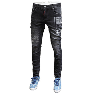 High Quality Baggy Jeans Frayed <b>Men</b> Jeans Denim Personalizados Streetwear Vintage Black Stone Wash Jeans <b>Men</b> - Product Image 5