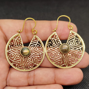 labradorite Export Brass Gemstone Drop <b>Earrings</b> Bulk Handcrafted Gold Plated Finish Pattern Bezel - Product Image 1
