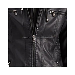แจ็กเก็ตหนังสีดำสำหรับผู้หญิงมีฮู้ดแจ็กเก็ตหนังสีดำทำมือผลิตตามสั่ง100% - Product Image 3