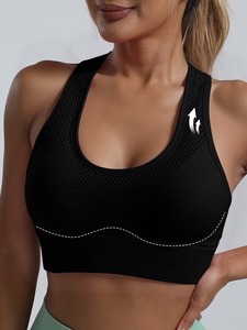 Women's Seamless Racerback Sports Bra | <b>Mesh</b> Back Ventilation Workout <b>Crop</b> <b>Top</b> | Nylon Spandex Padded Gym Bra Solid Black - Product Image 1