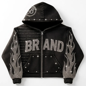 Men's Oversized Rhinestone <b>Hoodie</b> <b>Black</b> <b>Zip</b>-Up Hip Hop Sweatshirt Glitter Print Front Logo Regular Sleeve FRENCH TERRY - Product Image 1