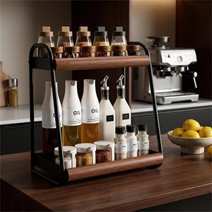 2 Tier Spice Rack Wooden Metal <b>Kitchen</b> Organizer Shelf Wall Mounted <b>Storage</b> Jar Holder Home Decor Modern <b>Kitchen</b> <b>Storage</b> - Product Image 6