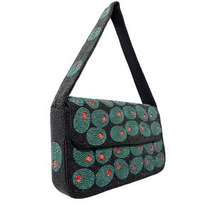 Sac à bandoulière rectangulaire brodé fait main, noir, vert, rouge, avec perles, artisanat textile, point de croix, broderie - Product Image 1
