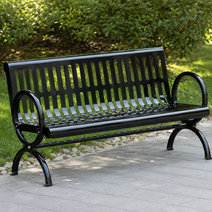 Black Steel Slat Garden <b>Bench</b> Outdoor Park Patio Seating with Circular Armrest Modern Durable Lawn Furniture Premium Style - Product Image 3