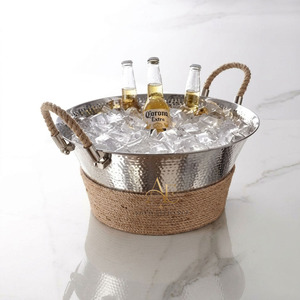 Premium Hammered Stainless Steel Round <b>Ice</b> Bucket With Rope Handles Natural Jute Wrap Elegant Beer Beverage Tub For Wedding - Product Image 1