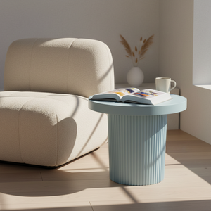 Table basse ronde moderne avec une jambe en forme de pilier, couleur brun clair, matériaux durables en bois de caoutchouc et en chêne, design luxueux - Product Image 2