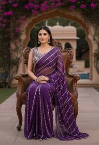 Sari violet élégant brodé avec un chemisier de créateur – Tenue de soirée de luxe, sari de mariage et de fête pour femmes - Product Image 5