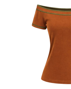 Camiseta Azul Claro para Mujer, con Hombros Descubiertos, Ribete de Rayas Rosadas en Contraste, Manga Corta, Corte Ajustado, Informal, Verano, Fabricante Personalizado - Product Image 3