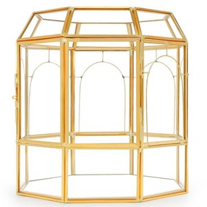 Caja de Almacenamiento de Joyas de Vidrio Hexagonal Dorada con Paneles Arqueados y Puerta con Bisagras para Organizar Anillos y Accesorios - Product Image 1