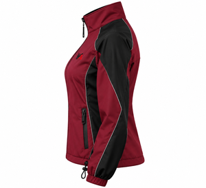Chaqueta Cortavientos Técnica Borgoña para Mujer al por Mayor con Paneles Negros, Costuras Reflectantes y Dobladillo Ajustable, Marca Privada OEM - Product Image 4