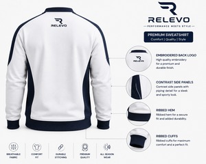 เสื้อสเวตเชิ้ตปักลาย RELEVO สำหรับผู้ชาย ทรงปกติ คอกลม สไตล์สปอร์ต สีขาวกรมท่า แผงตัดสี ใส่ได้ทุกฤดู - Product Image 2