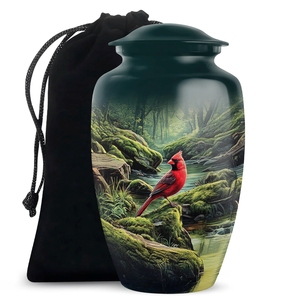 Urna Funeraria de Metal con Diseño de Casa de Pájaros del Bosque Encantado, con Pájaro Rojo y Flores Rojas - Recipiente Conmemorativo para Cenizas Humanas de Adultos - Product Image 5