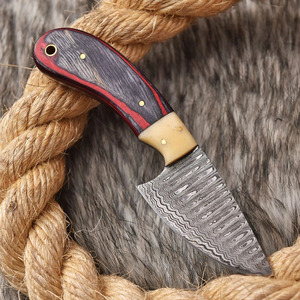Cuchillo de caza y camping EDC de hoja fija de acero de Damasco hecho a mano, mango de madera Pakka rojo y negro, funda de cuero, venta al por mayor. - Product Image 5