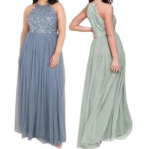 Modern Elegant Halter Neck Embellished <b>Sequin</b> Top Pleated Maxi Bridesmaid Dresses Empire Waistline Plus Size Tulle <b>Skirt</b> - Product Image 6