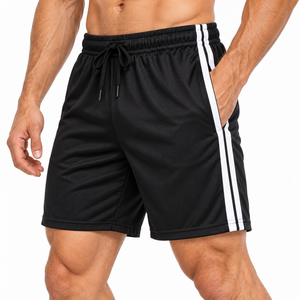 Shorts de sport pour homme, noirs, à séchage rapide, avec bande latérale, taille élastique, cordon de serrage, pour la course à pied et la gym, en mesh - Product Image 3