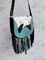 Sac à main en cuir de vachette avec franges, bordure turquoise sculptée, sac bandoulière de style western, sac à franges bohème, sac à main pour femme