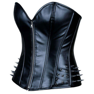 Salva Leather Women's <b>Black</b> 100% Leather <b>Corset</b> Casual Style Waterproof V-neck Zipper Closure Strapless Outerwear with Spikes - Product Image 6