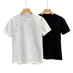 Camiseta con estampado de estrellas y diamantes de imitación para hombre, nuevo diseño, con cristales brillantes, negro y blanco, manga corta, ropa de calle, alta calidad - Product Image 1