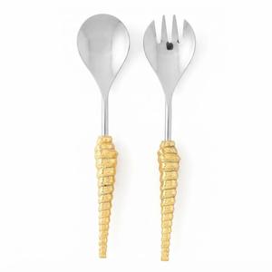 Ensemble de 2 cuillères et fourchettes à salade artisanales en argent avec manche en spirale doré, ustensiles de cuisine durables - Product Image 1