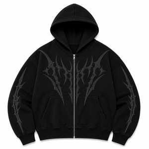 Sudadera con Capucha Negra Gótica para Hombre, con Cierre, de Algodón French Terry, Patrón Geométrico, Lavado Ácido, Bolsillo Delantero, Ropa Casual de Invierno, 350g - Product Image 1