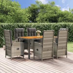 Set da Pranzo da Giardino in Rattan Grigio per 6 Persone, Arredamento da Esterno Resistente alle Intemperie con Piano in Legno di Teak Contemporaneo - Product Image 3