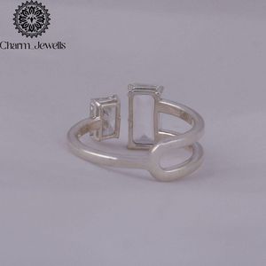 Charm_Jewells Women's <b>Emerald</b> Cut Moissanite Engagement <b>Ring</b> 925 <b>Silver</b> Prong Setting Minimalist Geometric Design - Product Image 5