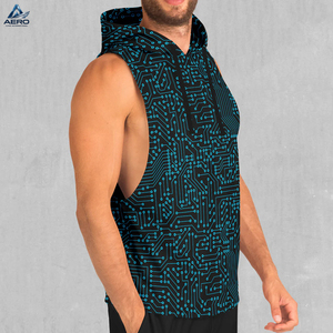 Ropa exterior de material transpirable y suave al tacto con logo personalizado impreso en sudaderas sin mangas azules cibernéticas al por mayor para hombres - Product Image 2