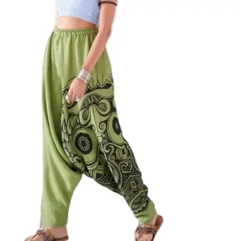 Baskılı Harem pantolon Bohemian Hip-hop tarzı Unisex pantolon % 100% pamuk yapılmış 2024 yeni tasarım sıcak satıcı Harem pantolon, Baggy yeşil