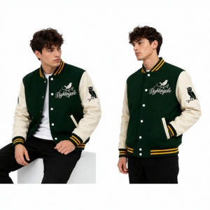 Veste universitaire Nightingale verte avec manches crème, logo oiseau brodé, style preppy, pour l'automne, coupe classique pour homme, fermeture boutonnée - Product Image 6
