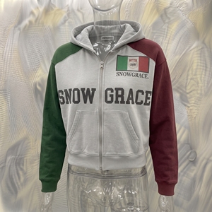 Sweat-shirt à capuche zippé pour homme Snowgrace, vert et gris, blocs de couleur, manches raglan, logo imprimé sur le devant, vêtement décontracté d'automne - Product Image 4