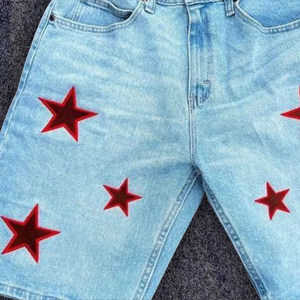 <b>Men</b>’s Light Blue Denim <b>Shorts</b> Red Star <b>Patches</b> Loose Fit Knee Length Baggy Jean <b>Shorts</b> Casual Streetwear Summer Fashion - Product Image 1