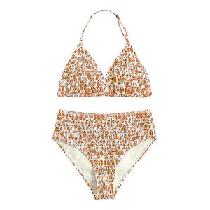 Conjunto de bikini halter estampado naranja y blanco para mujer, traje de baño de dos piezas de cintura alta, ropa de playa elástica fruncida, top triangular, bañador - Product Image 1