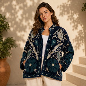 Sujani Velvet Handmade Embroidered Quilted Pullover <b>Jacket</b> Women Reversible Floral Boho <b>Kimono</b> Ruffles 100% Cotton Summer Autumn - Product Image 5