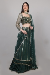 Lehenga choli de créateur pour femme Royal Glam Fashion, couleur verte, avec travail de sequins, perles, miroirs et fils. - Product Image 6
