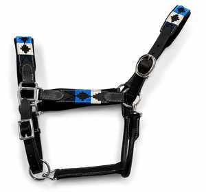 Licol en cuir pour cheval, style western, durable, confortable, bleu, blanc, noir, motif géométrique, ferrures argentées, taille Full/Cob - Product Image 1