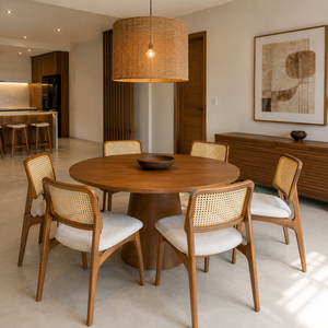 Modern <b>Solid</b> <b>Wood</b> <b>Round</b> <b>Dining</b> <b>Table</b> Set with Cane Back Upholstered Chairs for Home Restaurant Cafe Hotel Custom Furniture - Product Image 1