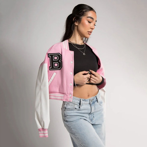 Direct Factory Supplier Women's Winter Cropped <b>Varsity</b> Baseball <b>Jacket</b> with Sheepskin Trim Cotton Breathable Windproof - Product Image 3