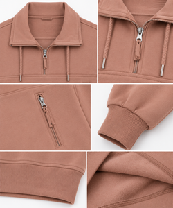 Chaqueta casual de invierno para mujer de poliéster color rosa empolvado con cremallera de un cuarto, cuello alto, capucha ajustable con cordones y bolsillo frontal tipo canguro. - Product Image 4