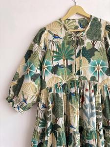 Robe Bohème à Imprimé Tropical pour Femmes, 100% Coton, Manches Bouffantes Trois Quarts, Coupe Ample, Robe Midi d'Été Casual, Taille Élastique, Col Rond - Product Image 4