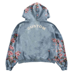 เสื้อฮู้ดยีนส์สไตล์เรโทรคุณภาพสูงสำหรับผู้ชาย ทรงโอเวอร์ไซส์ ล้างสีแบบแอซิดวอช พร้อมโลโก้สั่งทำ ซิป แจ็คเก็ตไซส์ใหญ่ สตรีทแวร์ - Product Image 2