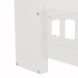 Letto per bambini in legno di pino bianco con luce LED a sensore di movimento, testiera con libreria e sponde di protezione - Product Image 3