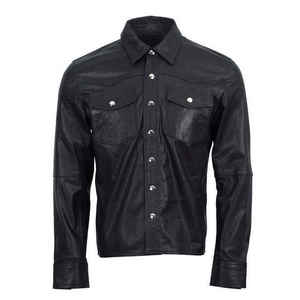 Veste en cuir style streetwear pour homme, noire, coupe ample, col chemise, simple boutonnage, manches courtes en PU - Product Image 1
