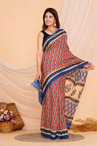 Mulmul indien traditionnel en coton dessiné à la main Ajrakh imprimé longueur au sol léger Saree Blouse nouveau Bollywood Designer été - Product Image 4